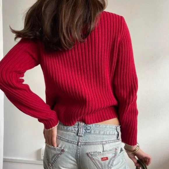 Vintage Armani Jeans Cherry Red Button Cardigan Knit Ribbed Cotton Sweater